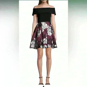 Betsy & Adam dress off the shoulder black floral wedding guest cocktail size 4